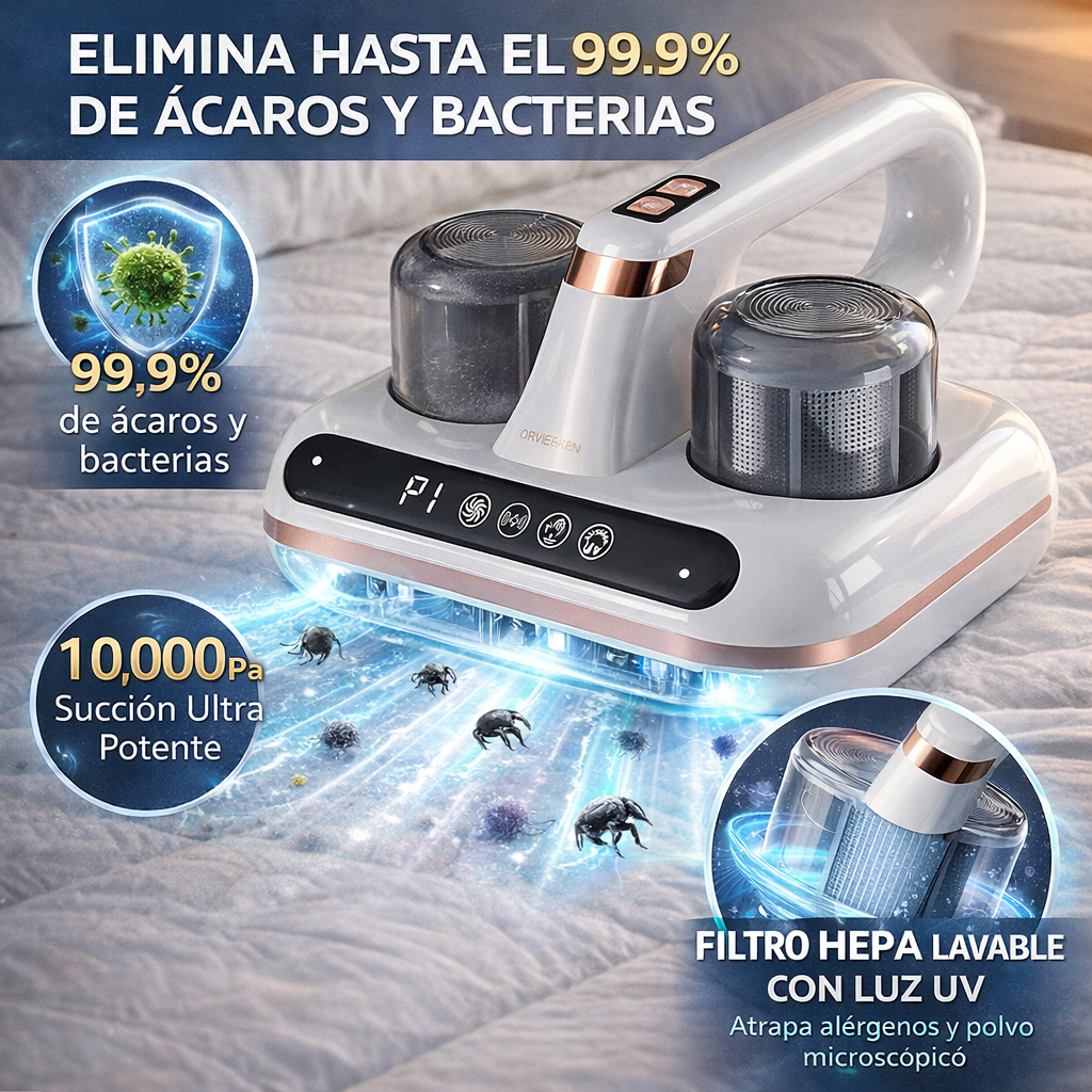 Aspiradora Mata Ácaros UV 10.000Pa con Filtro HEPA – Elimina 99.9% de Ácaros y Alérgenos en Colchones